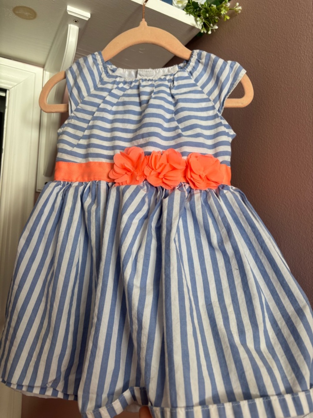 Carter's Blue & White Striped Dress with Coral Floral Sash